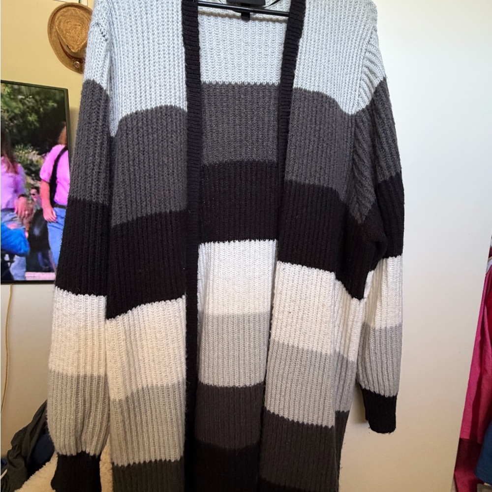 Lane Bryant Black, Gray, and White Striped Cardigan